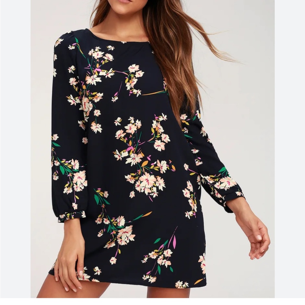 Lulu’s Herbaceous Navy Floral Shift Mini Dress Long Sleeve Cottage Party Size XS